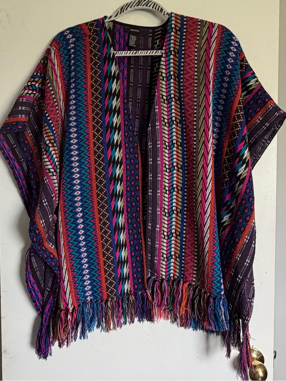 Forever 21 Multicolor Aztec Fringe Open Poncho - Purple, Blue, Pink, Orange